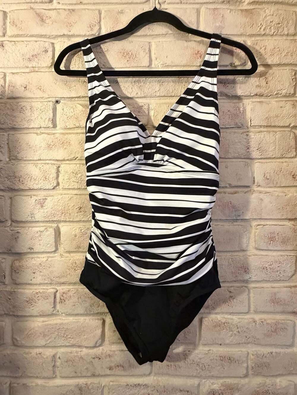Mimi Flamingo Black and White Stripe V-Neck Ruched One-Piece Swimsuit